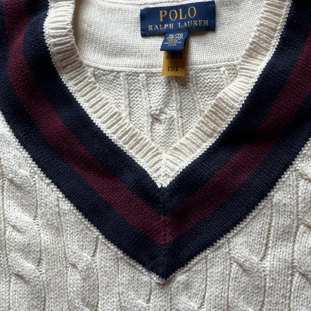 Ralph Lauren Cream Cable-Knit V-Neck Sweater with Navy & Burgundy Stripes